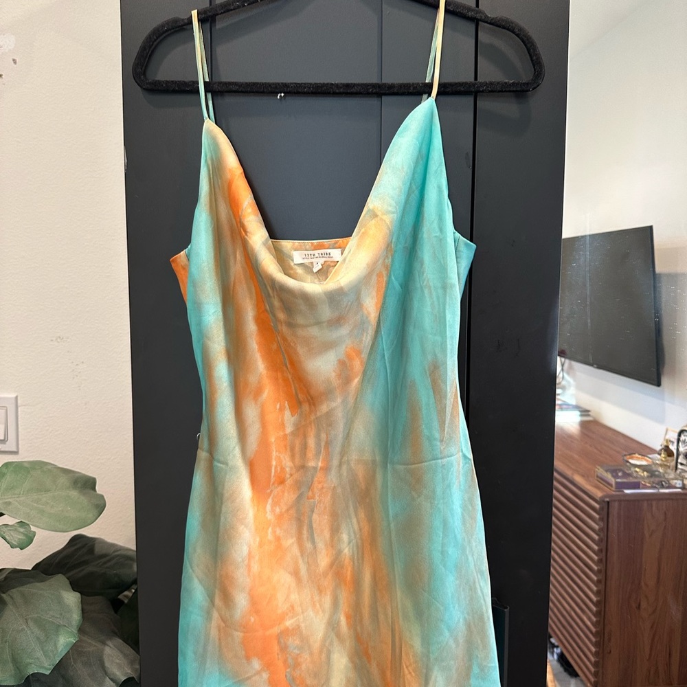 12th Tribe Turquoise and Orange Tie-Dye Mini Slip Dress - Picture 2 of 5